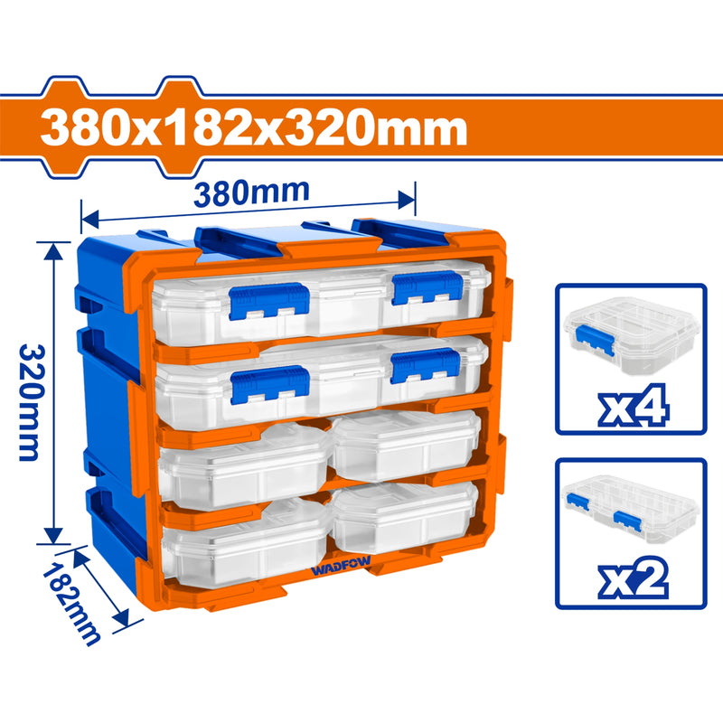 Organizador modular tipo torre. 380x182x320mm. Set de 6 piezas. Se une vertical u horizontal.