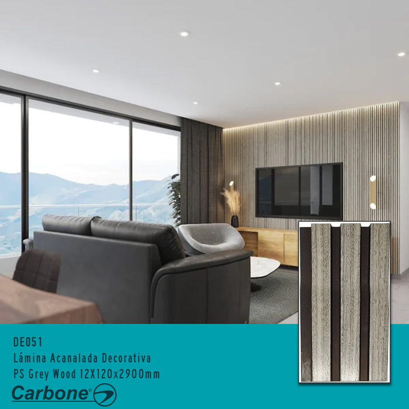 Lámina acanalada decorativa PS Grey wood 12x120x2900 mm