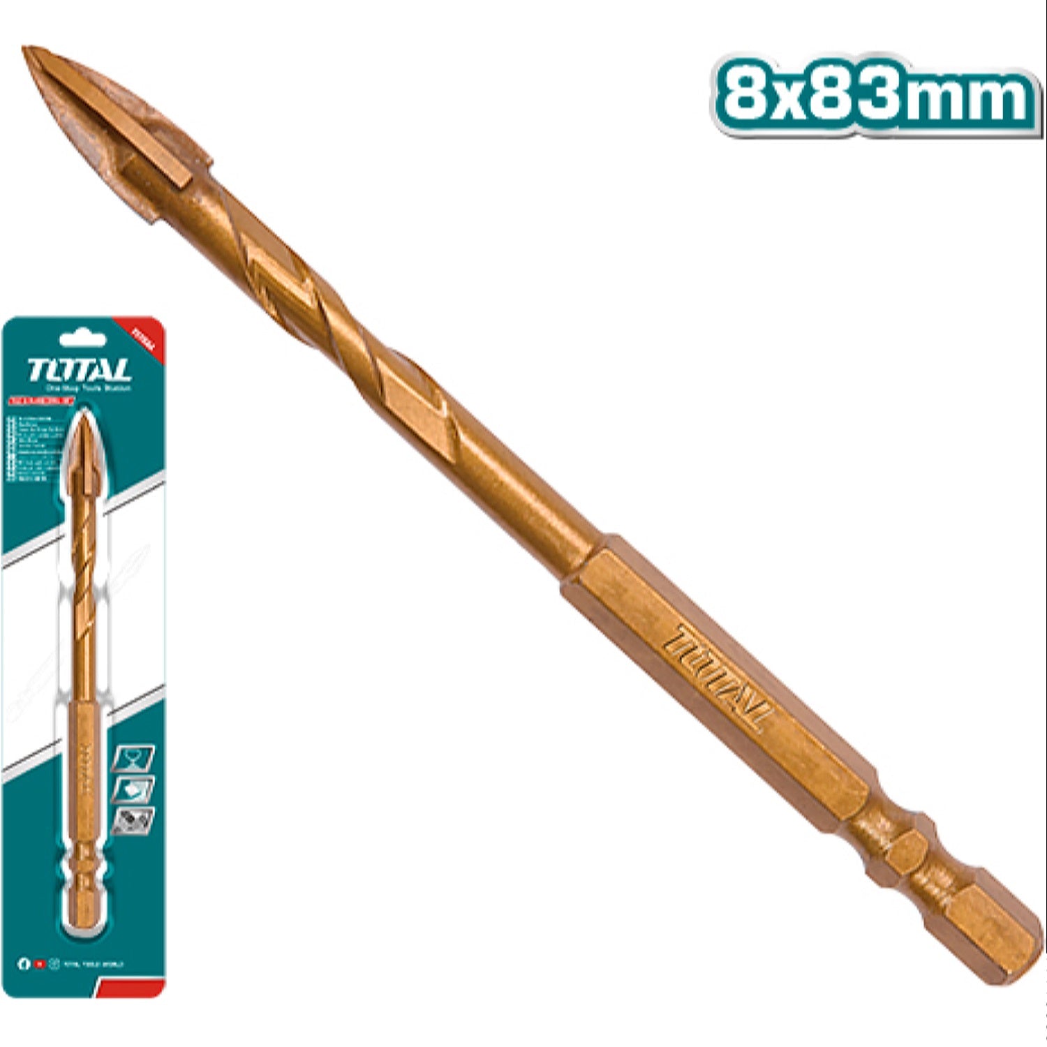 Broca punta flecha para vidrio y azulejos. 8x83mm. Vástago Hexagonal 1/4". Chapado en Titanio.