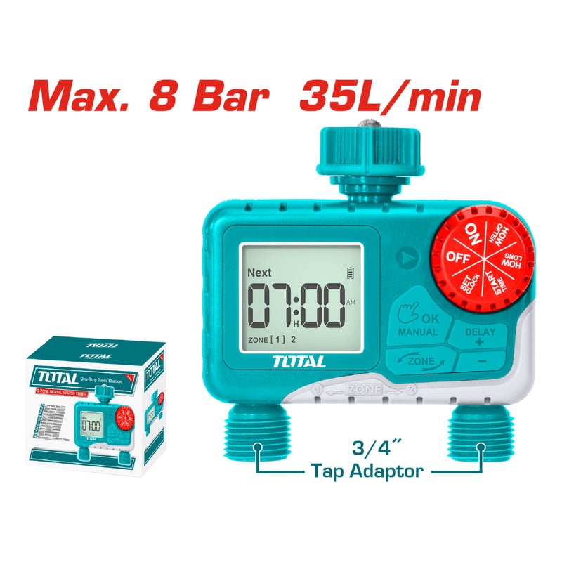 Temporizador de riego automático 2 salidas 3/4" 116PSI. De baterías AA