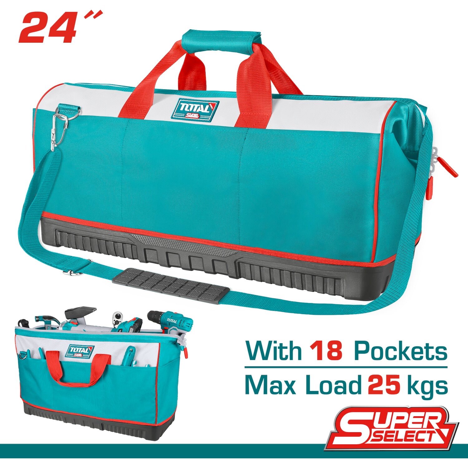 Bolsa para Herramientas 24".Mult. bolsillos.Reforzado con base plástica. Correa de hombro ajustable