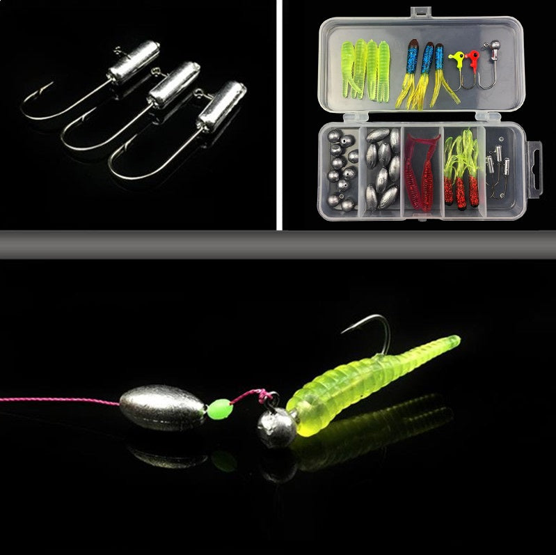 Caja señuelos suaves plomos y anzuelos 36 Pzas