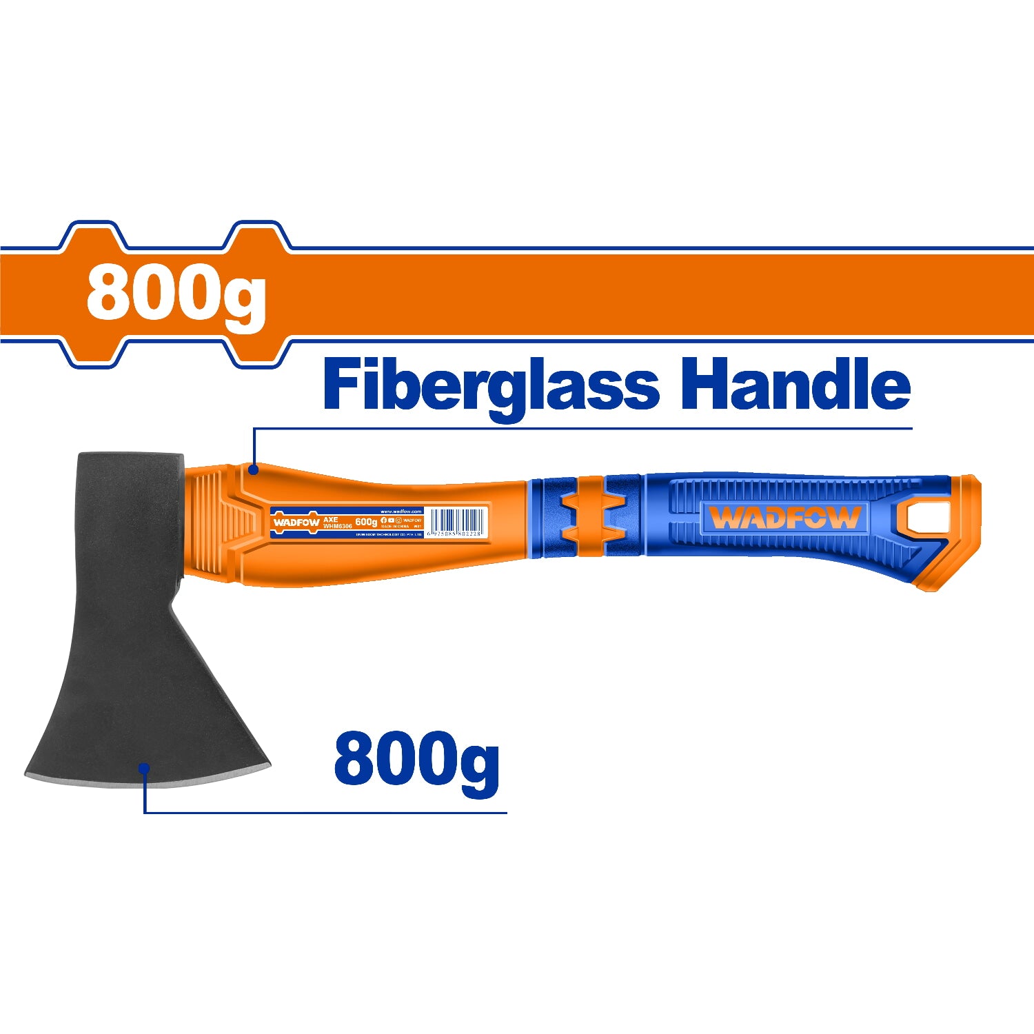 Hacha de mano 800g. Tratamiento térmico. Acero #45. Mango fibra de vidrio.