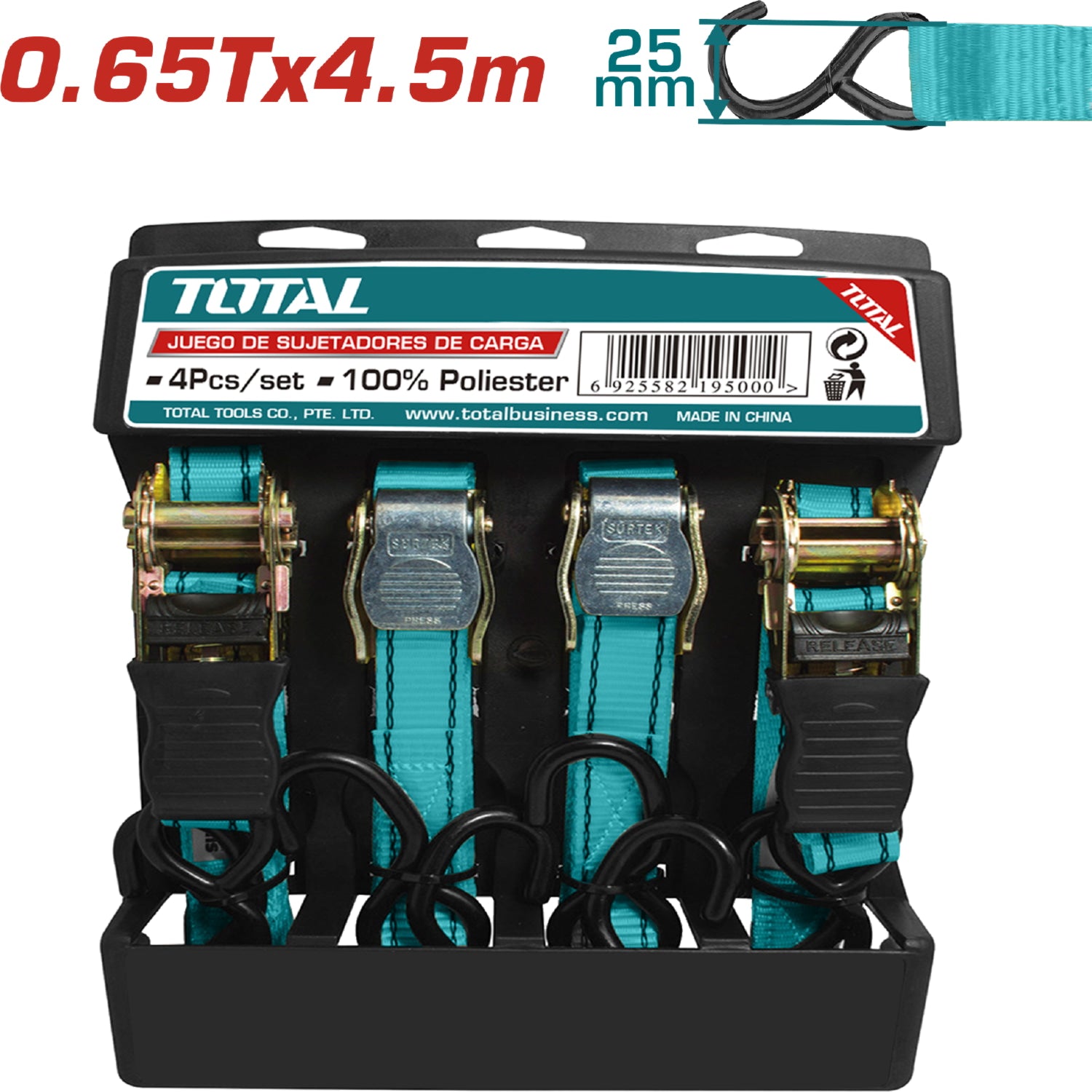 Sujetadores tipo matraca y hebilla 4.5m x 25mm. 0.65T. (Juego de 4 sujetadores)