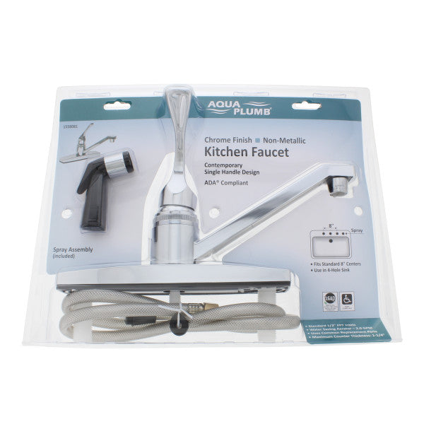 Grifo de cocina de plástico con acabado cromado. Incluye spray