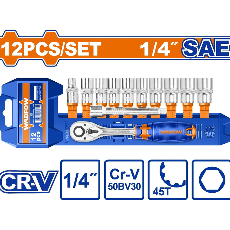 Dados socket ratchet 1/4" 12 pzs. CR-V. 45 dientes. (Socket, barra de extensión) Medida SAE.Cromado (Set)