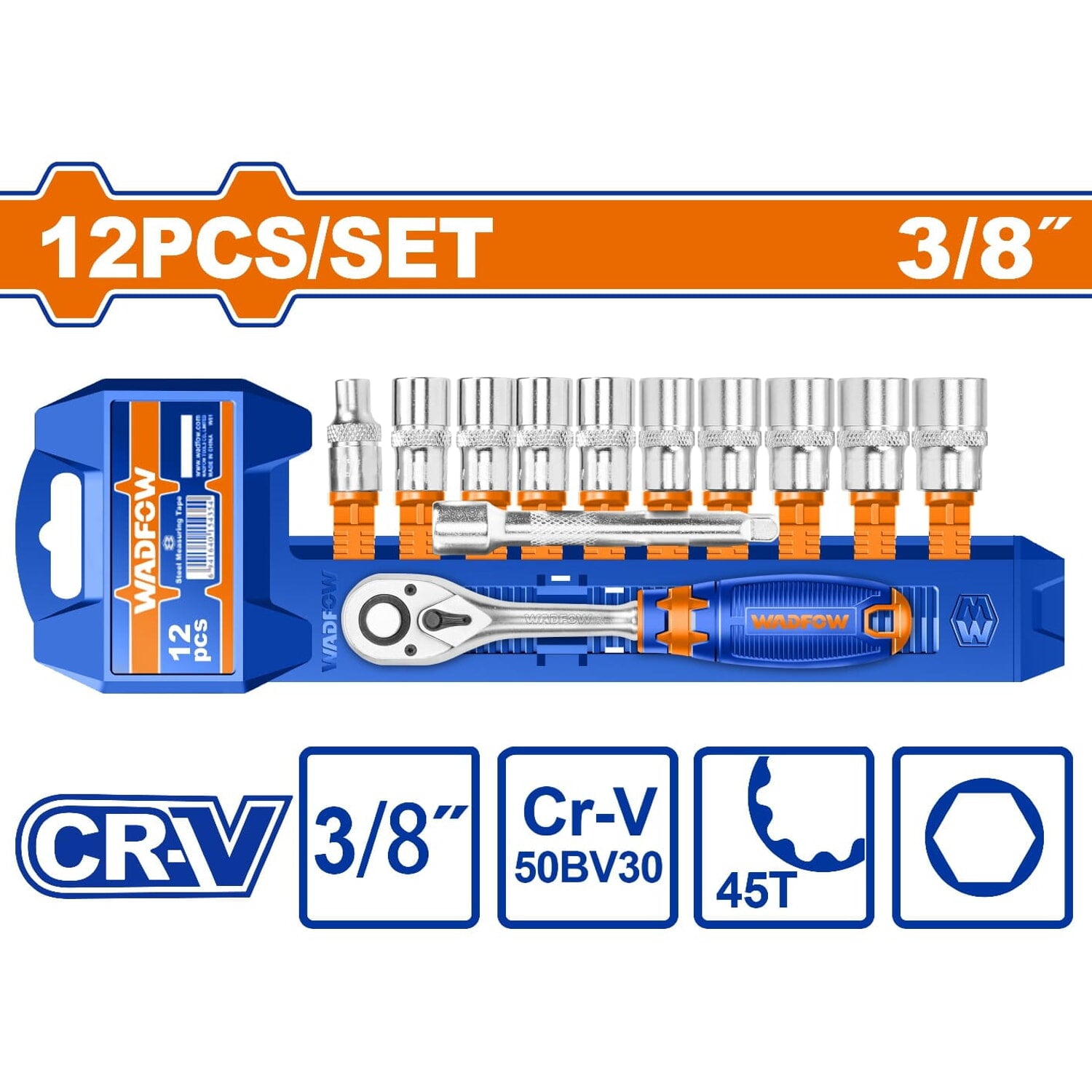 Dados socket ratchet  3/8" 12 pzs. CR-V. 45 dientes. (Incluye: socket, barra de extensión) Cromado (Set)