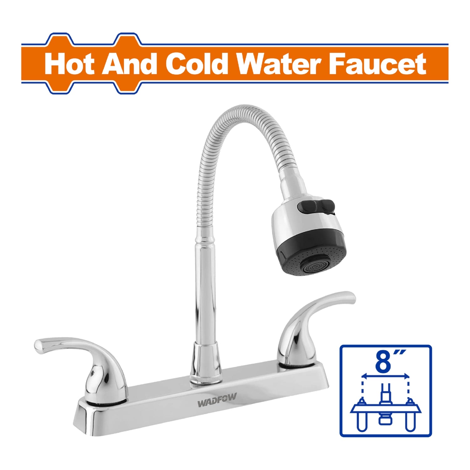 Grifo Llave de Fregador de 8" con modo agua fría y caliente. Cuerpo ABS + electrochapado. Tubo flexible.