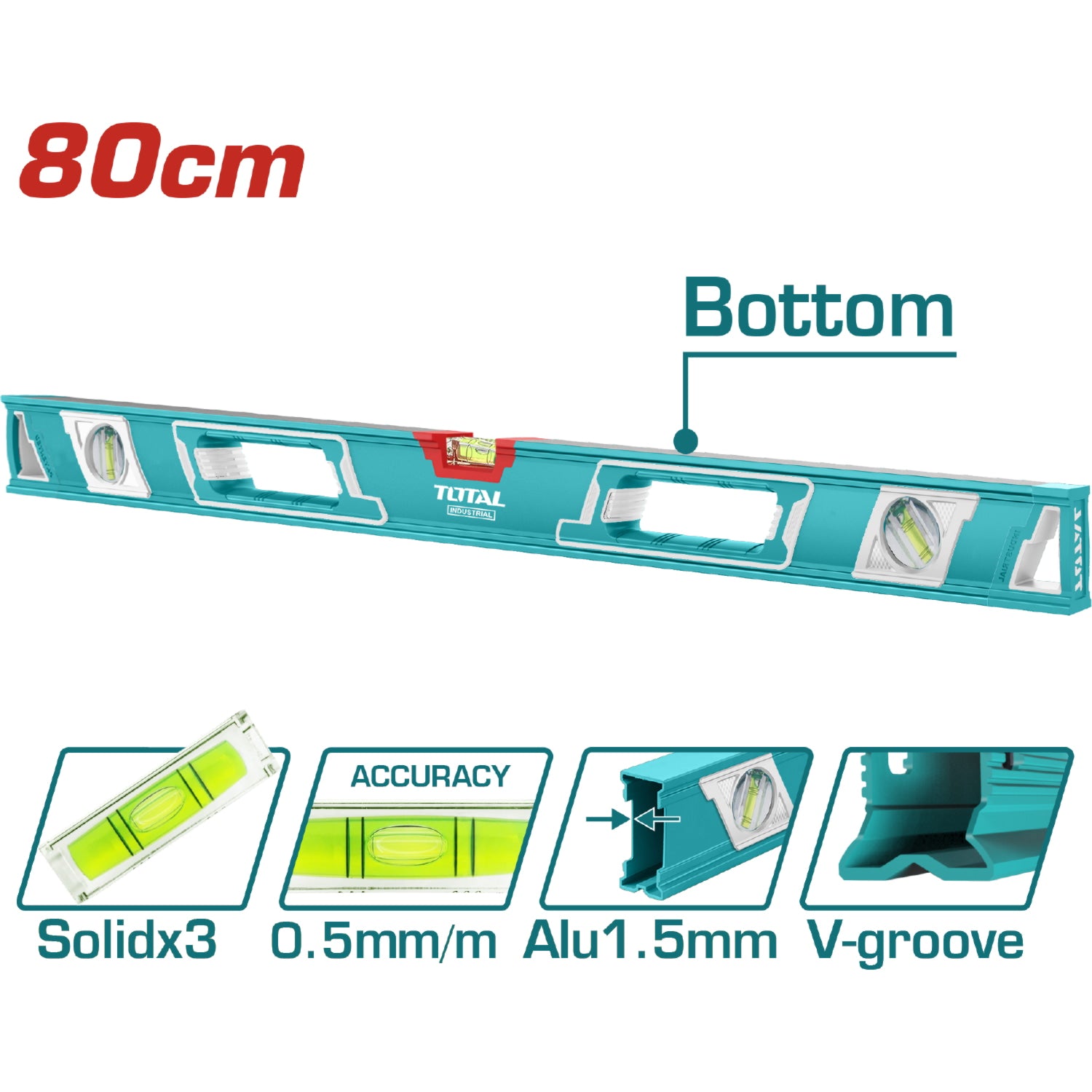 Nivel de Burbuja en forma de V para Objetos Cilindricos 80 cm. Espesor del Aluminio 1.5 mm.