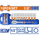 Dados socket 1/2" 12 pzs con ratchet. CR-V. 45 dientes. (Socket, barra de extensión) Medida SAE.Cromado (Set)