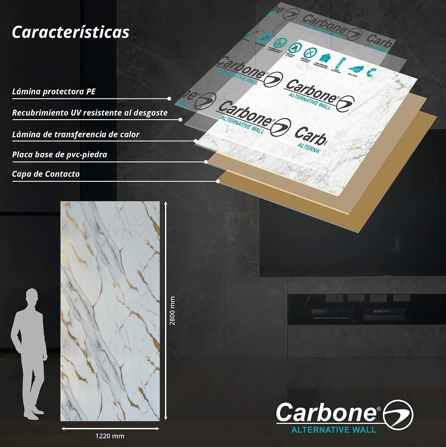 Panel Decorativo Mármol PVC  1.22 m x 2.80 m x 3 mm Marmol Calacatta Dorado
