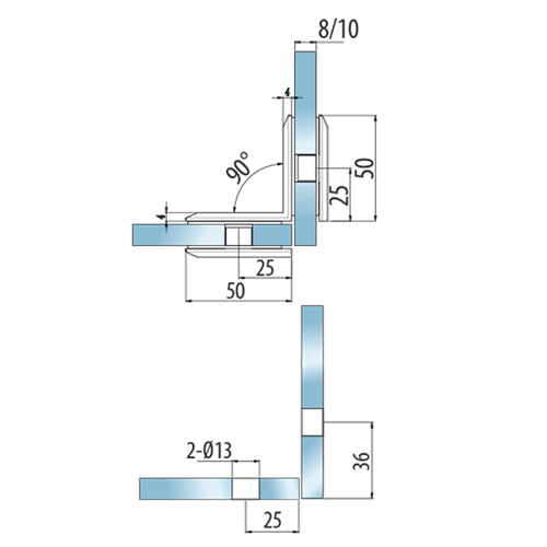Clip vidrio-vidrio 90 Aleacion ZAMAC. Economico Acabado Satinado. Vida util 2-3 años