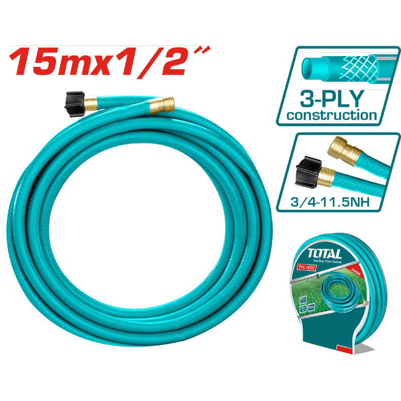 Manguera 1/2" x 50 pies para jardín con couplings de  3/4". Reforzada alta calidad