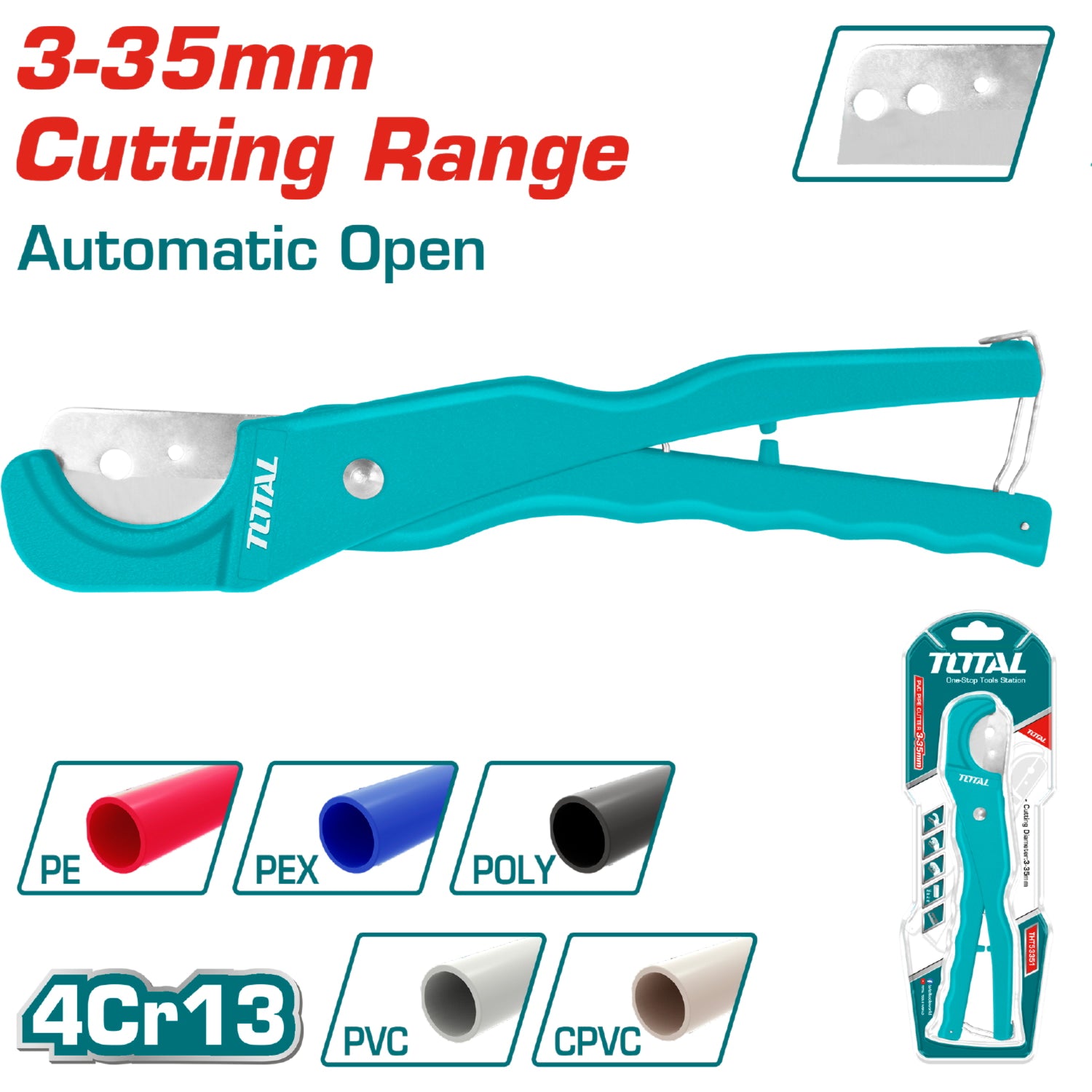 Cortador de tubo de PVC. Corta tubos de 3 a 35 mm. Largo 210 mm