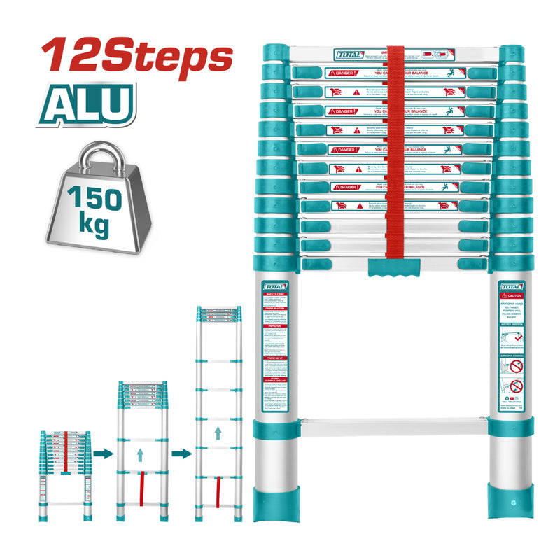 Escalera telescópica de aluminio de 12 escalones.