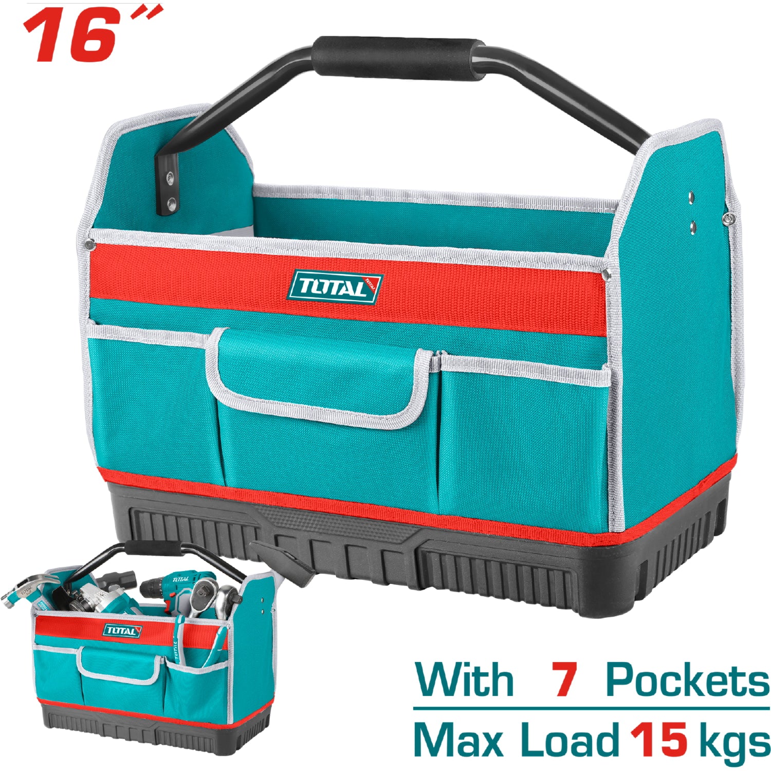 Bolso Caja  herramientas de poliéster 600D, Tamaño 16”. 7 bolsillos. Capacidad: 15Kg.