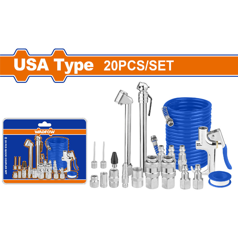 Boquillas de aire ajuste rápido 1/4". Tipo Americano. Ideal para inflado y soplado. Set 20 piezas.