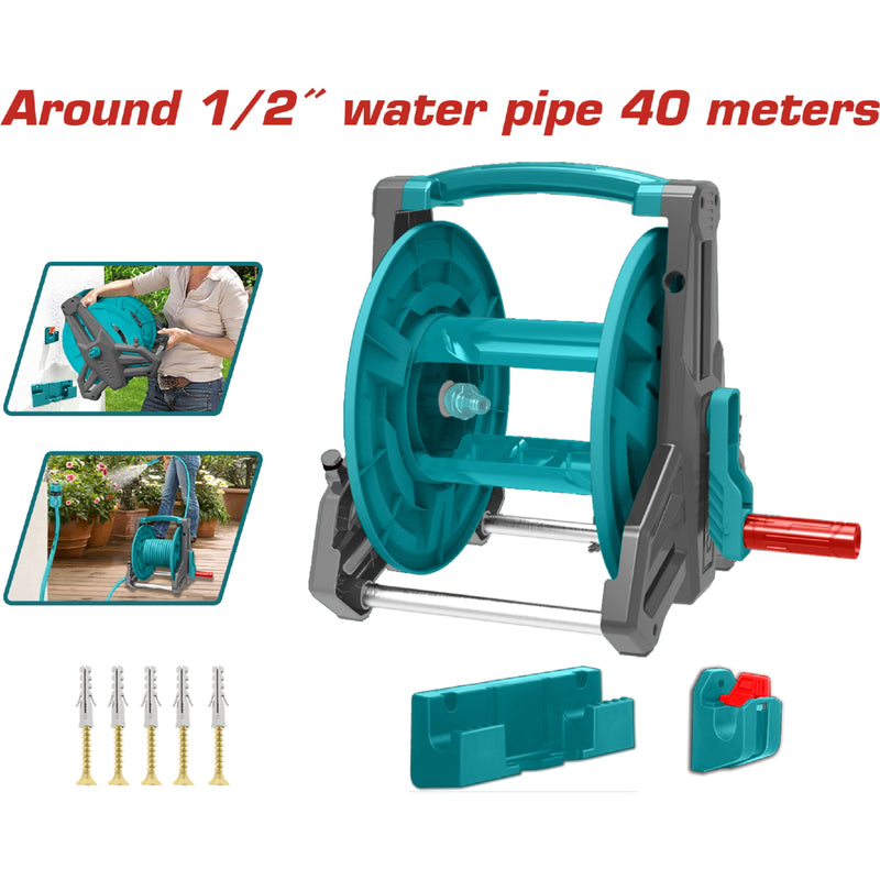 Carrete para manguera de 40 metros. Diseño antipinchazos. Mango alargado y ampliado.
