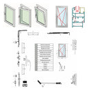 Para sistema de ventana Abisagrada de 45 mm. Incluye manilla, bisagra, cierres, barra de transmision