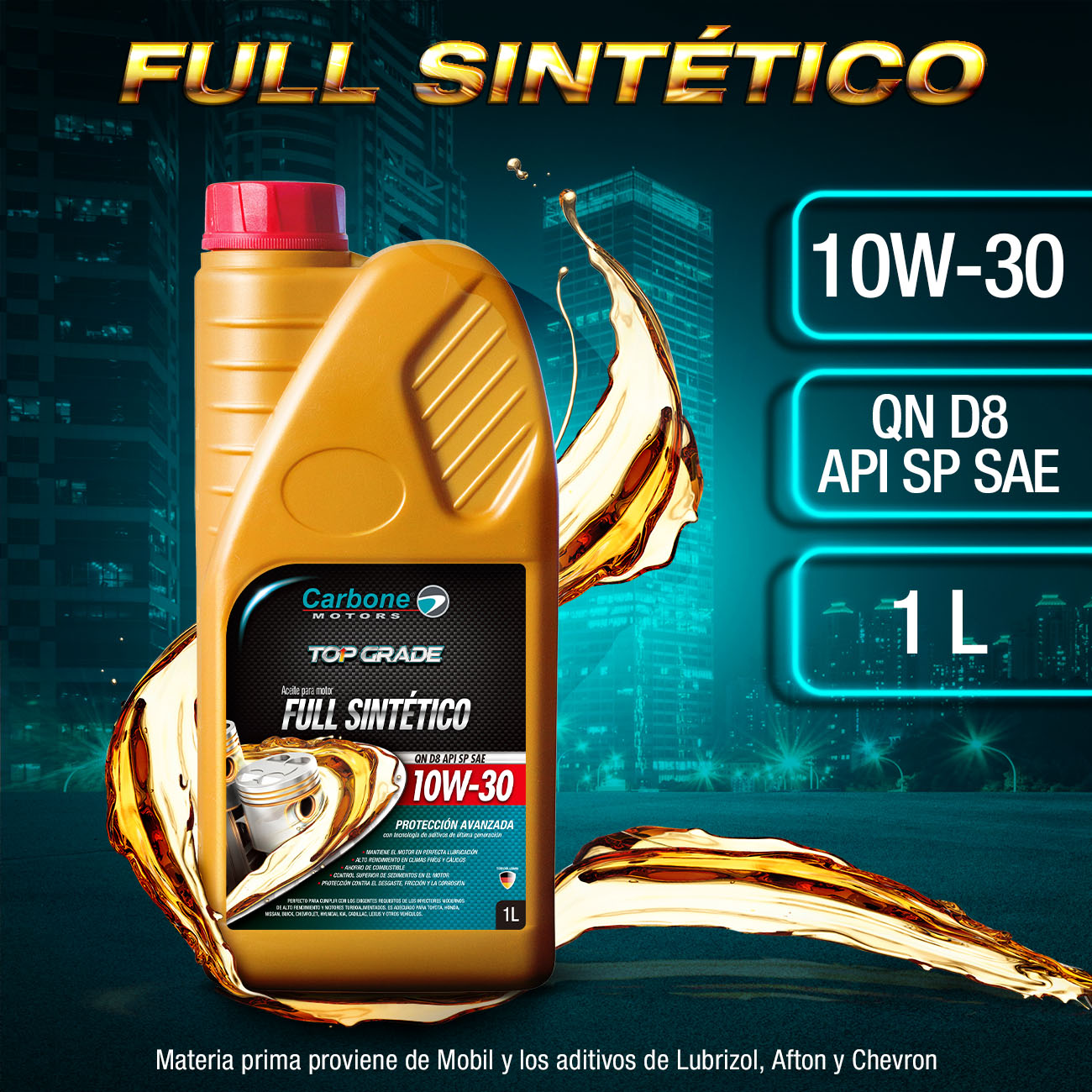 ACEITE DE MOTOR 10W-30 API SP SAE QN D8  FULL SINTETICO PARA MOTORES GASOLINA ( 1 LT )