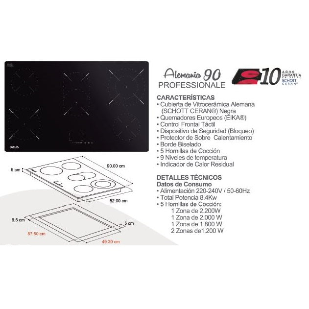 Estufa empotrable eléctrica Alemania 90 Professionale. Color negro.