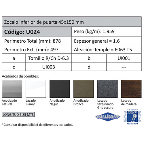 Zocalo Inferior Puerta. Espesor 1.6 mm. Largo 5.85 mts. Acabado Anodizado Bronze 15 Micron. (D3-P1-A
