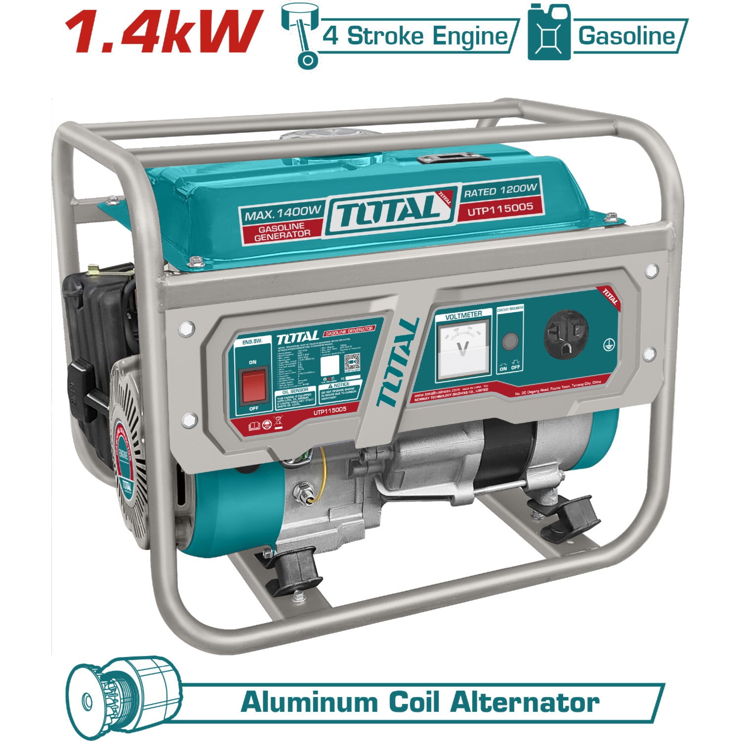 Generador a Gasolina 1,400watts 1.4kW. 110-120V 60Hz 3600rpm 5.5L Motor 4 tiempos. Alternador de Aluminio. Planta