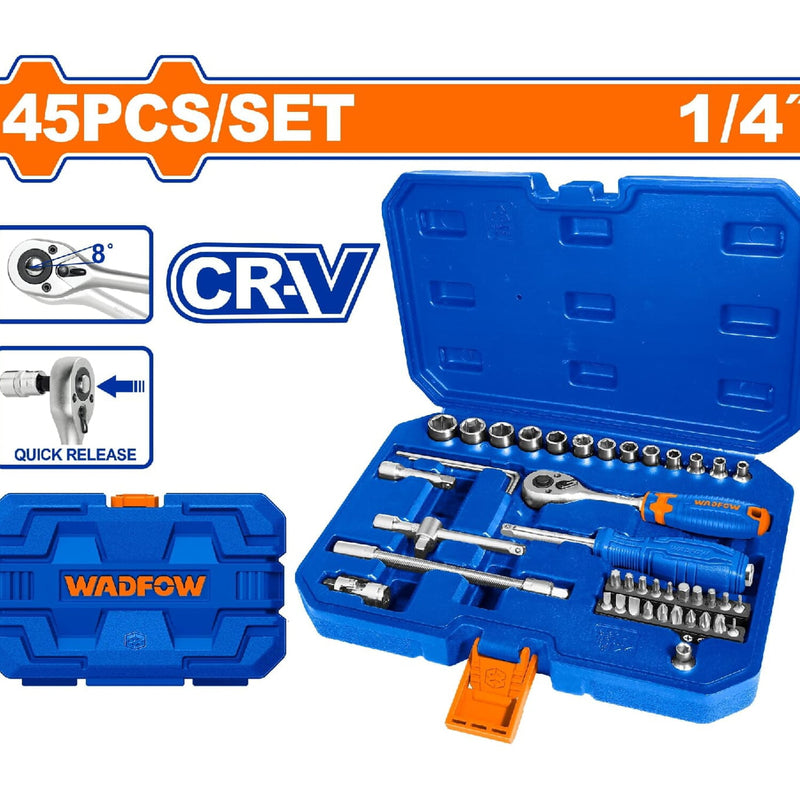 Ratchet con Socket dados 45 piezas 1/4". CR-V. Tratamiento térmico. Se vende en Juego.