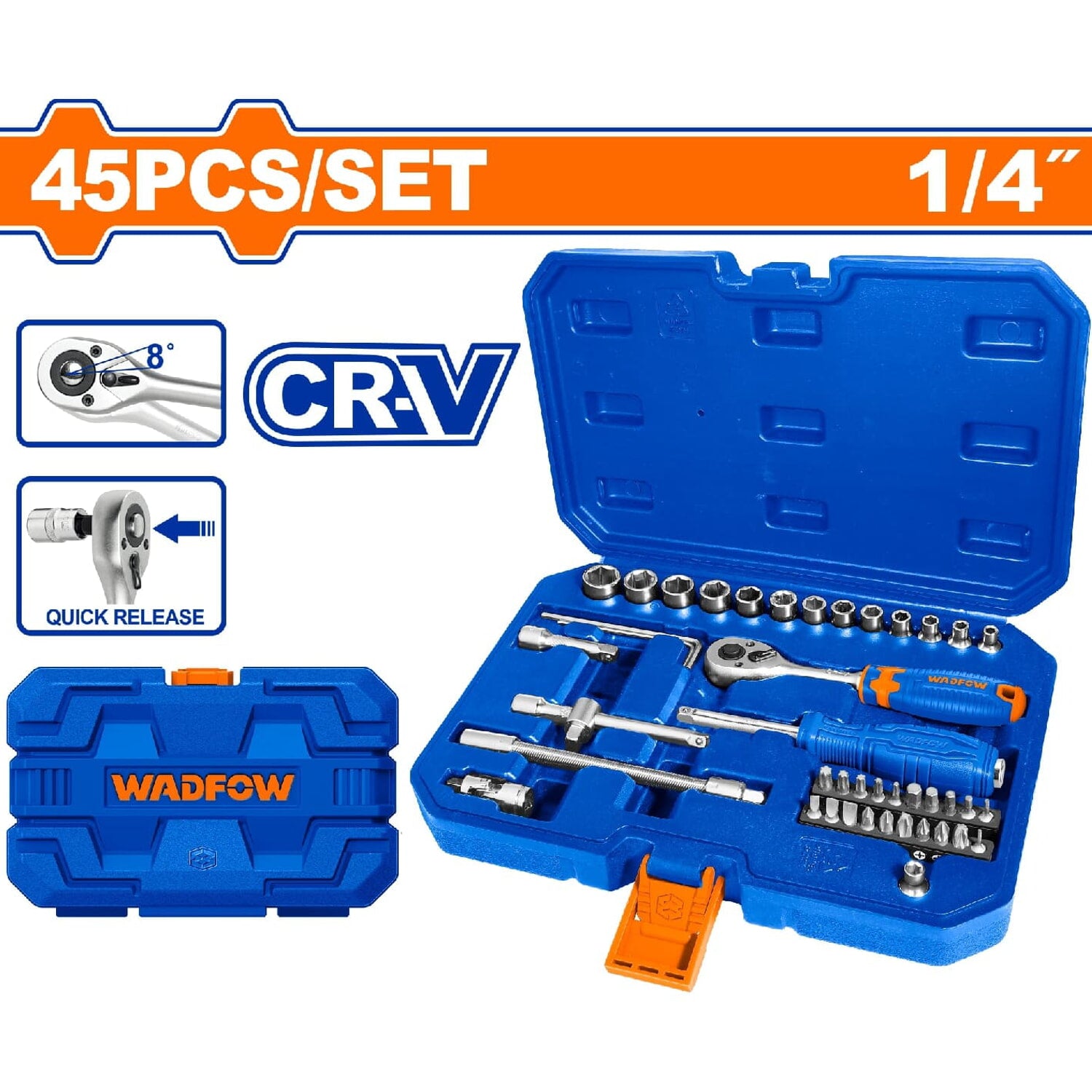 Ratchet con Socket dados 45 piezas 1/4". CR-V. Tratamiento térmico. Se vende en Juego.
