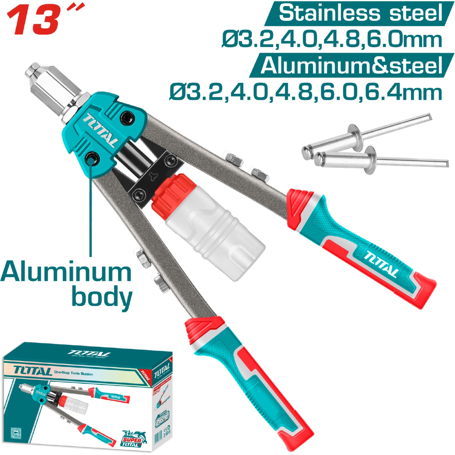 Remachadora 13". Para remaches 3.2mm,4mm,4.8mm,6.0mm en Aluminio, Acero y Acero Inoxidable.