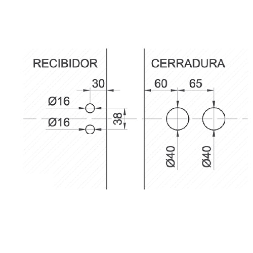 Cerradura de manigueta con recibidor. Brillante