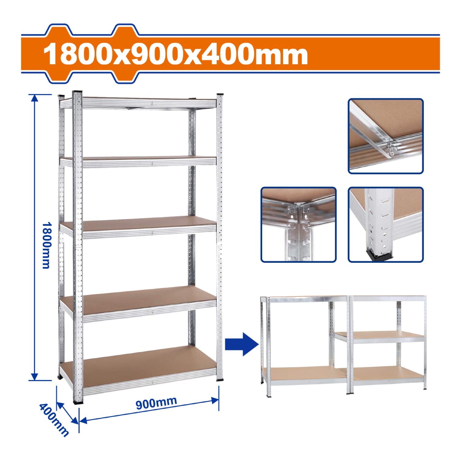 Estante de almacenamiento ajustable 5 niveles. 1800x900x400mm. Carga:175Kg. Acero MDF. estanteria Arma rapido rack de repisas