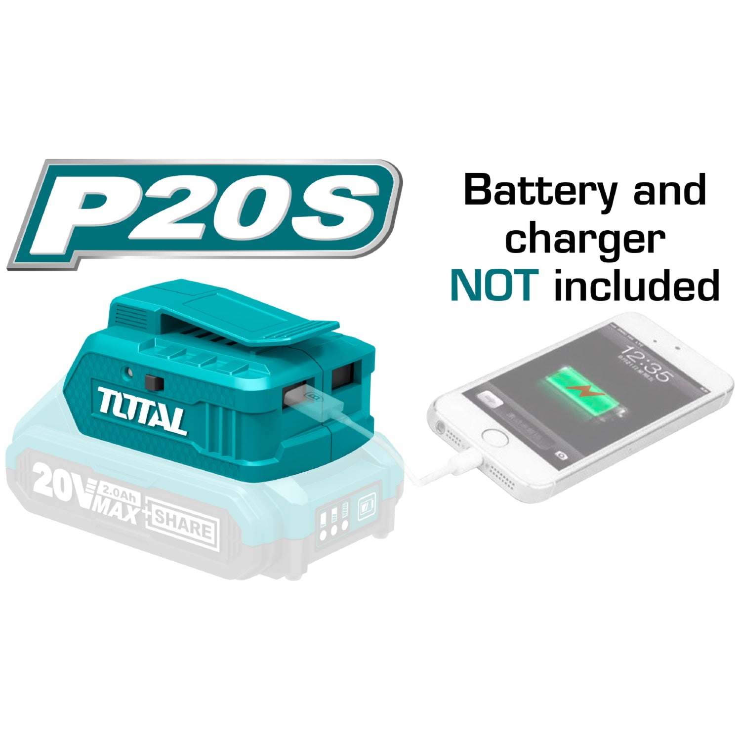 Cargador USB-A para Celulares y otros equipos Lithium-Ion de Bateria de 20 V. No incluye B/C.