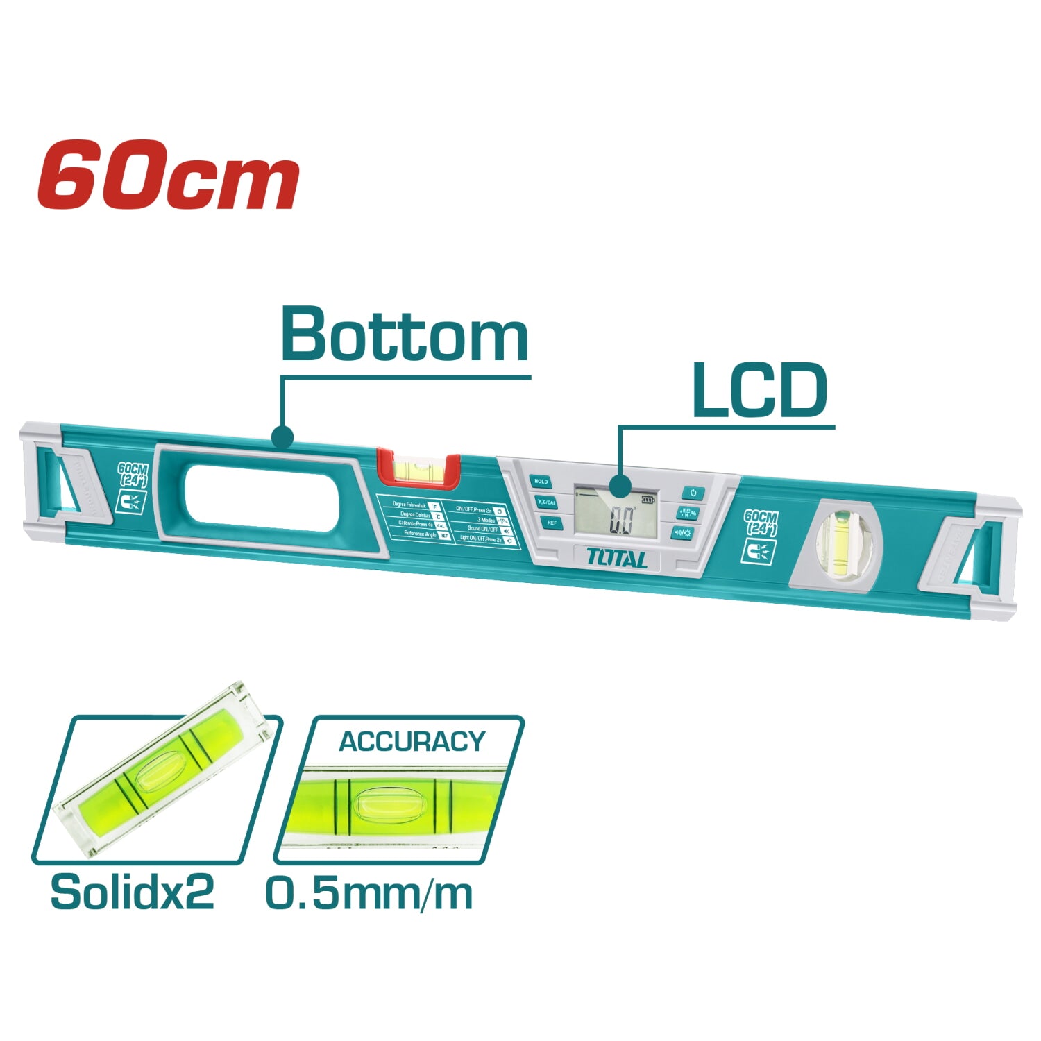 Nivel de burbuja digital, Aluminio 1.5mm de espesor, Longitud: 60 cm.