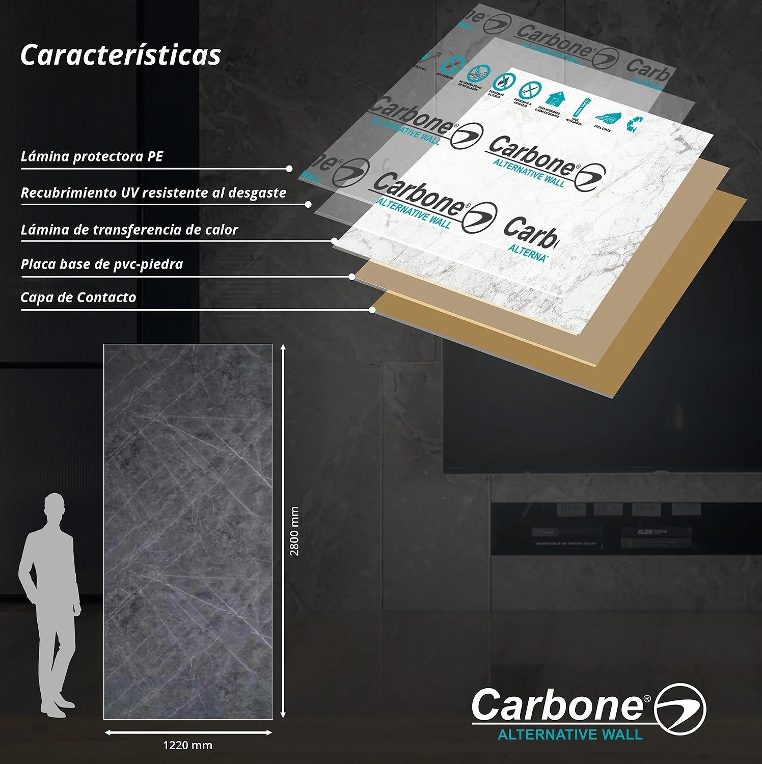 Panel Decorativo Mármol PVC 1.22m x 2.80m x 3mm Gris marquina (Línea económica)
