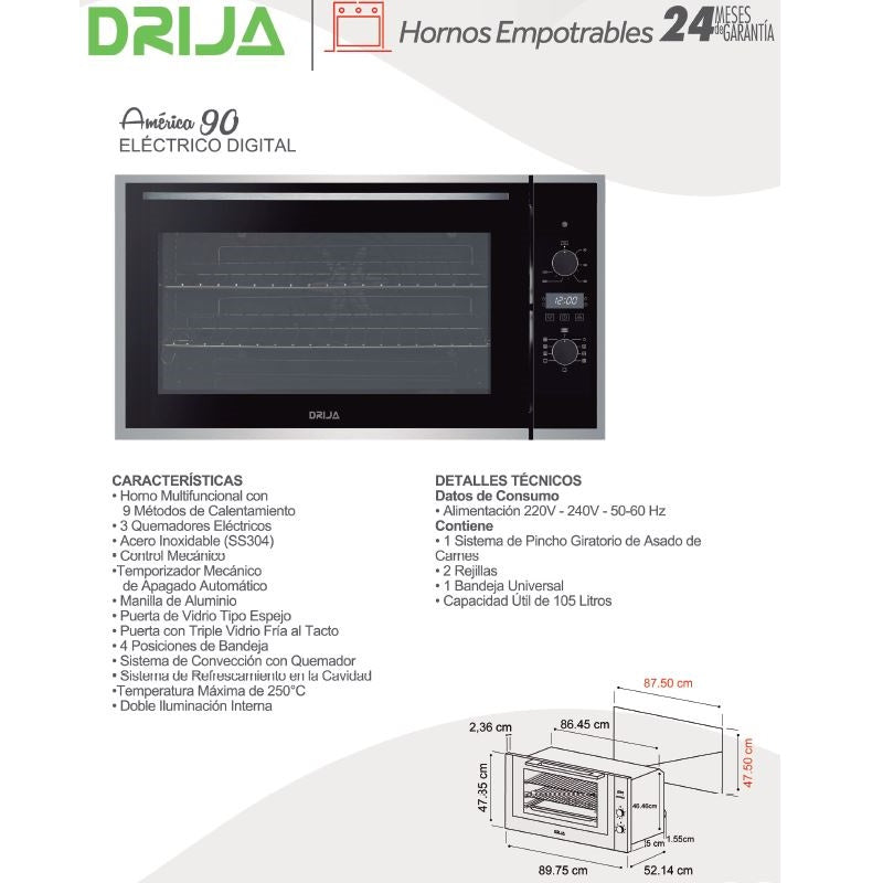 Horno empotrable eléctrico digital America 90.