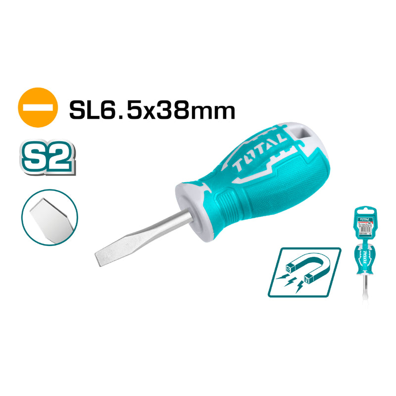 Destornillador corto de paleta. SL 6.5mm. Diametro: 6mm Largo 38mm.