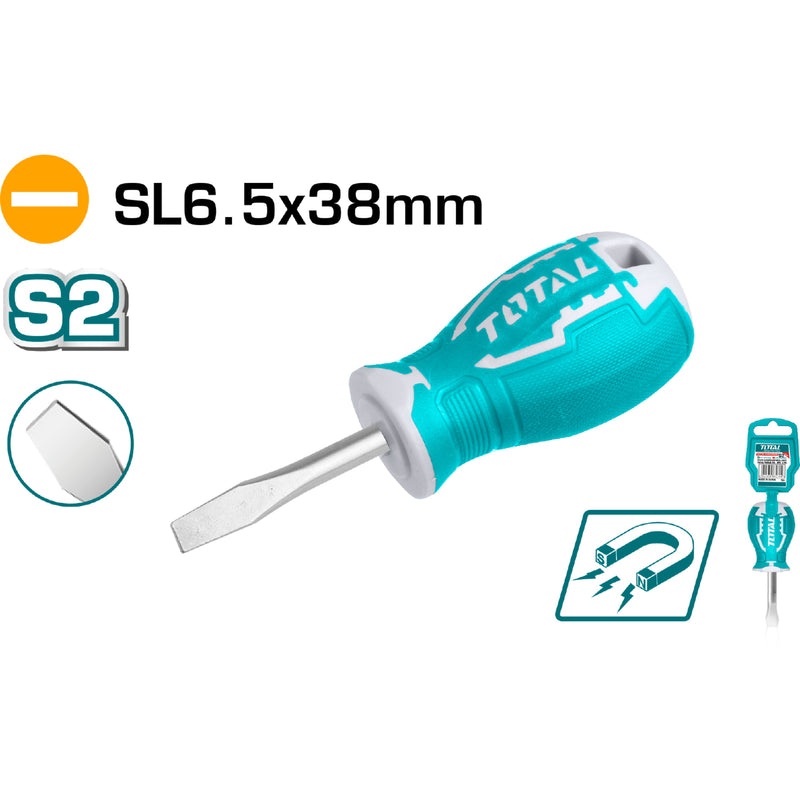 Destornillador corto de paleta. SL 6.5mm. Diametro: 6mm Largo 38mm.