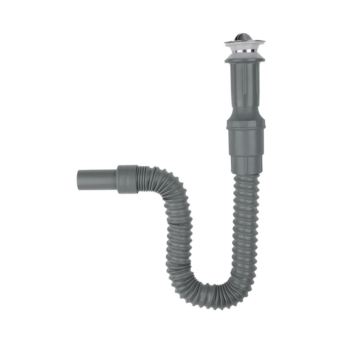 Trampa plástica flexible para lavamanos con desague con tapa tipo moneda y con rebosadero, incluye