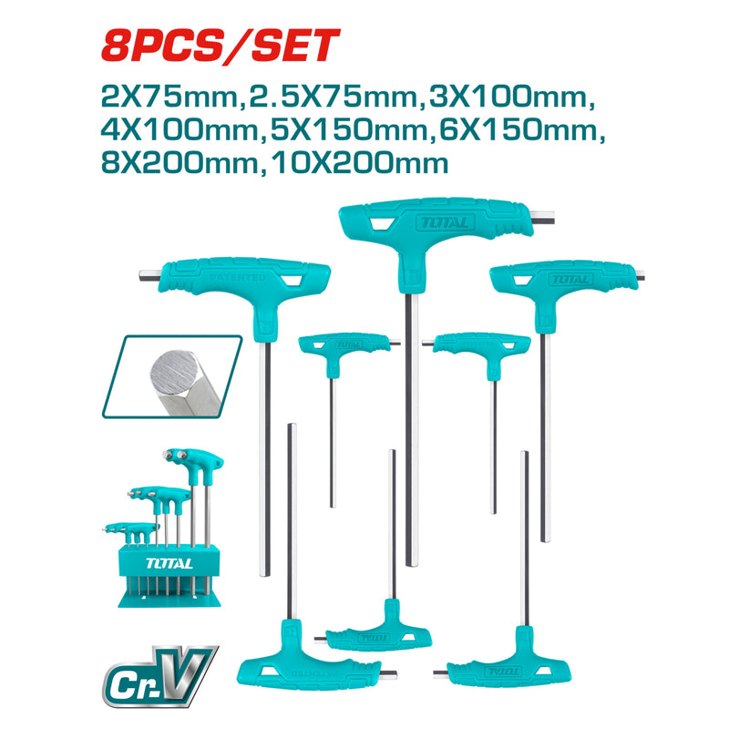 Juego de llaves Hexagonales con mango T de 8 piezas.  Cr-V, Tratamiento térmico y placa de cromo.