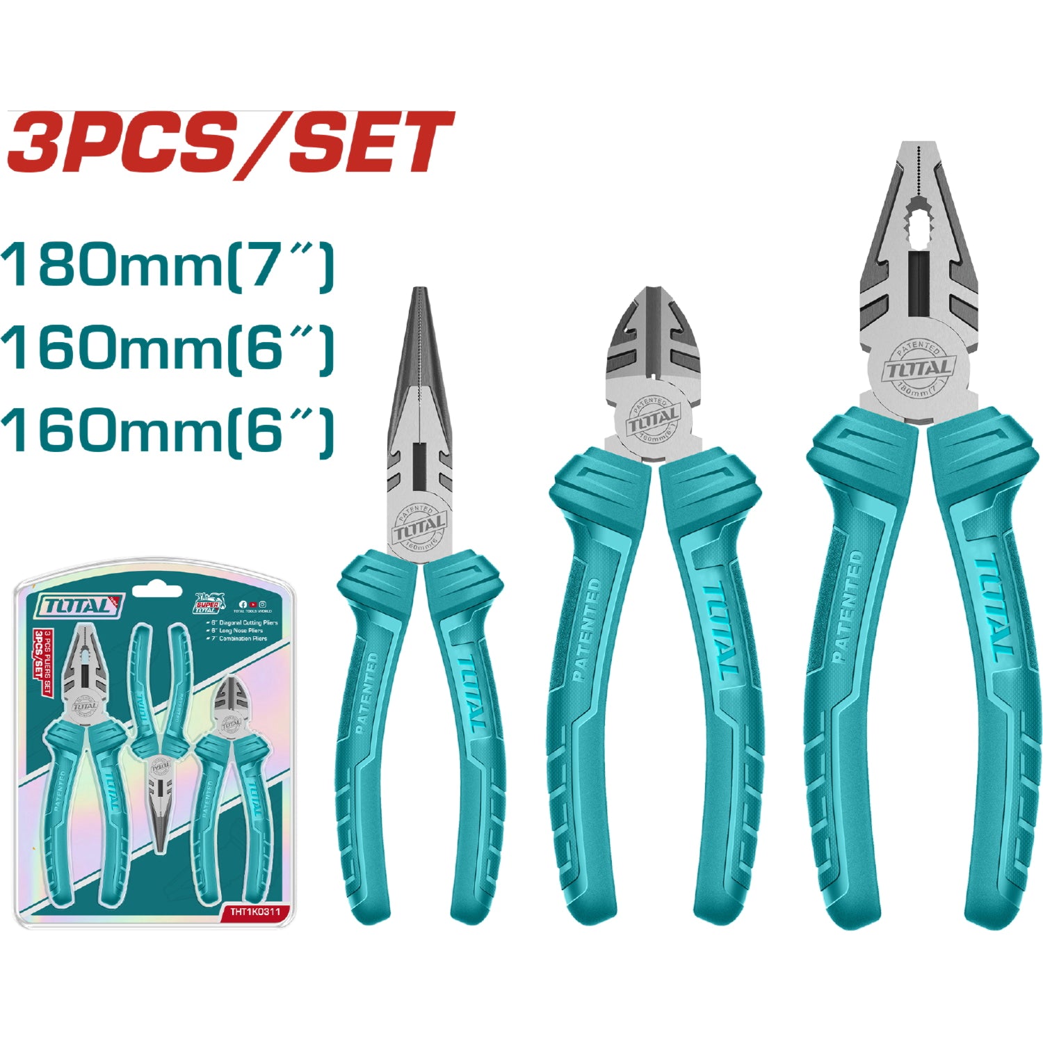 Kit de Alicates de 3 pzas.Combinacion 7", Punta larga de 6",corte diagonal de 7"