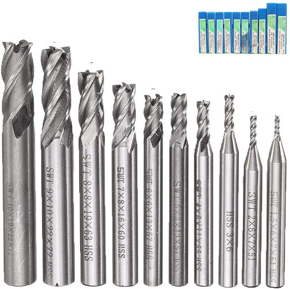Fresas punta cuadrada rectificadoras de acero de alta velocidad HSS 4, de vástago recto. (Set de 10 pcs)