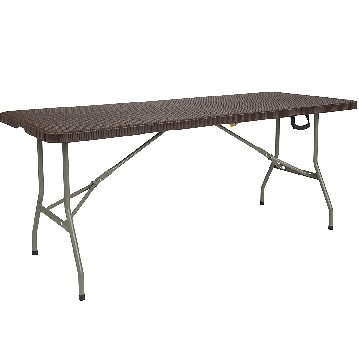 Mesa plástica plegable estilo rattan de 6 pies x 2.5 pies con marco de acero revestido.