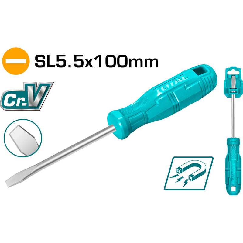Destornillador plano 40 Cr, mango redondo. Ranura: 5 mm. Diámetro: 5 mm. Longitud: 100 mm