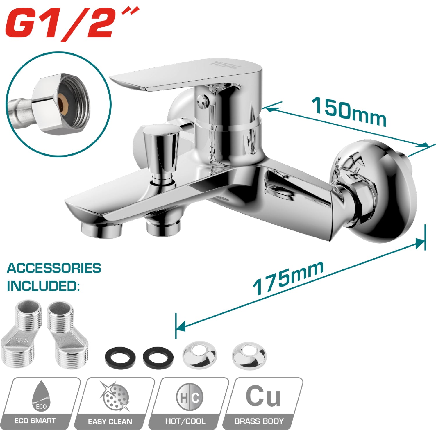 Llave grifo de Ducha Bañera con mezclador de 1 mando. Tamaño: 178 x 175 x 103 mm.