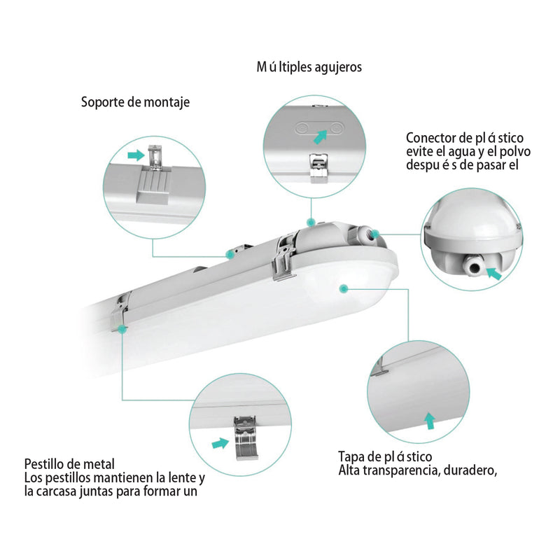 Lampara lineal colgante LED Rectangular Industrial IP65. 20 Watt. 120Volt. 60Hz. Luz Blanca (6400K) 3000 Lumens. a prueba de agua estanca