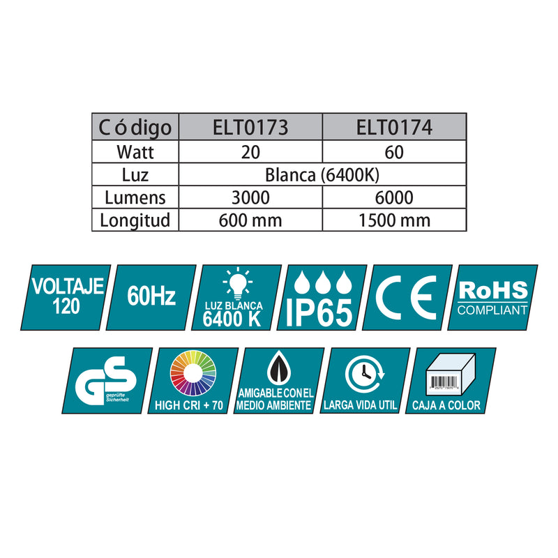 Lampara lineal colgante LED Rectangular Industrial IP65. 20 Watt. 120Volt. 60Hz. Luz Blanca (6400K) 3000 Lumens. a prueba de agua estanca