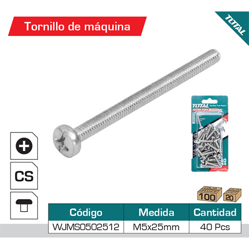 40/pza Tornillo de maquina M5x25mm. Cabeza plana. Galvanizado.