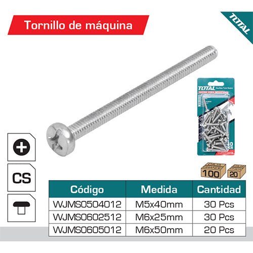 30/pza Tornillo de maquina M5x40mm. Cabeza plana. Galvanizado.
