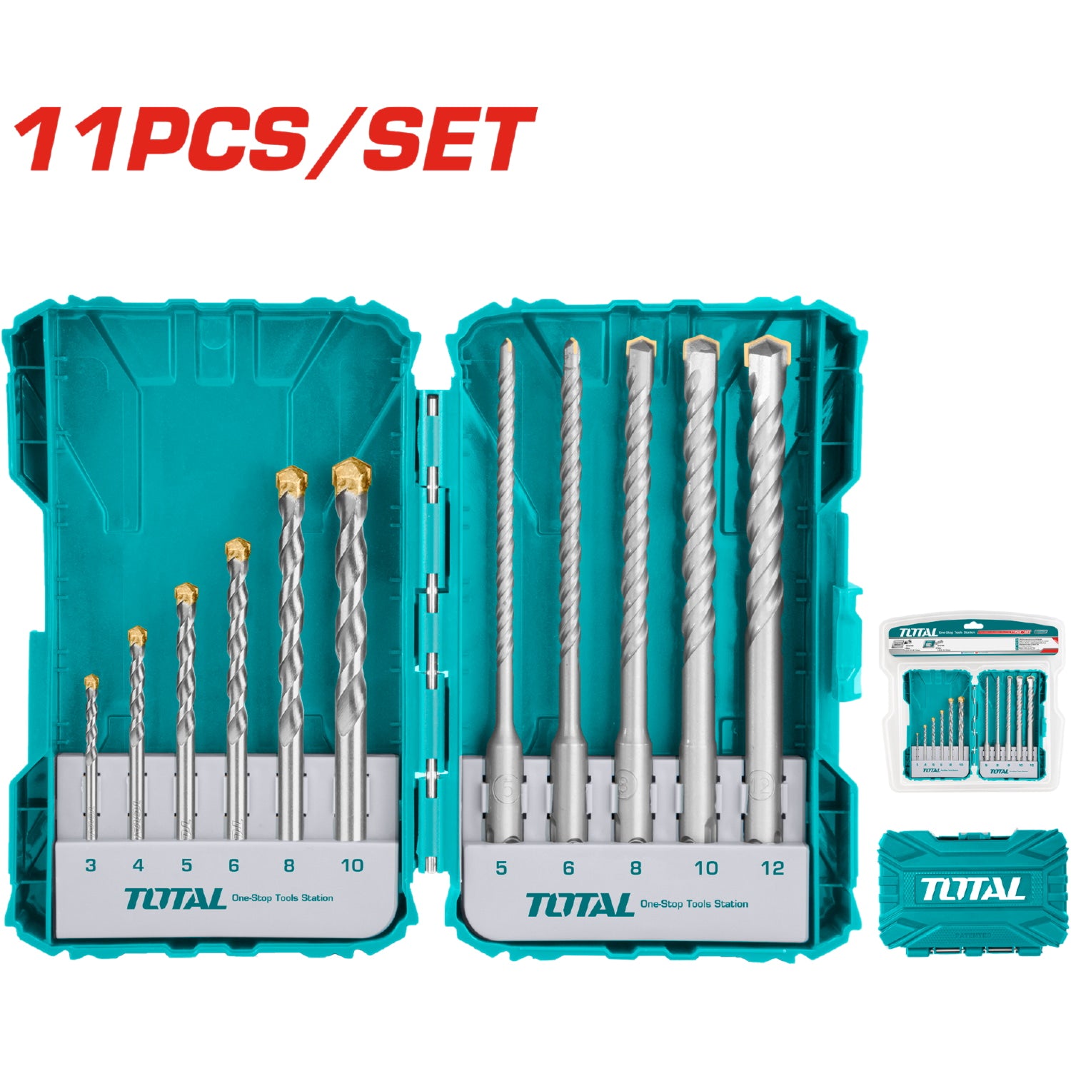 Juego de brocas para concreto y rotomartillo de 11 piezas.